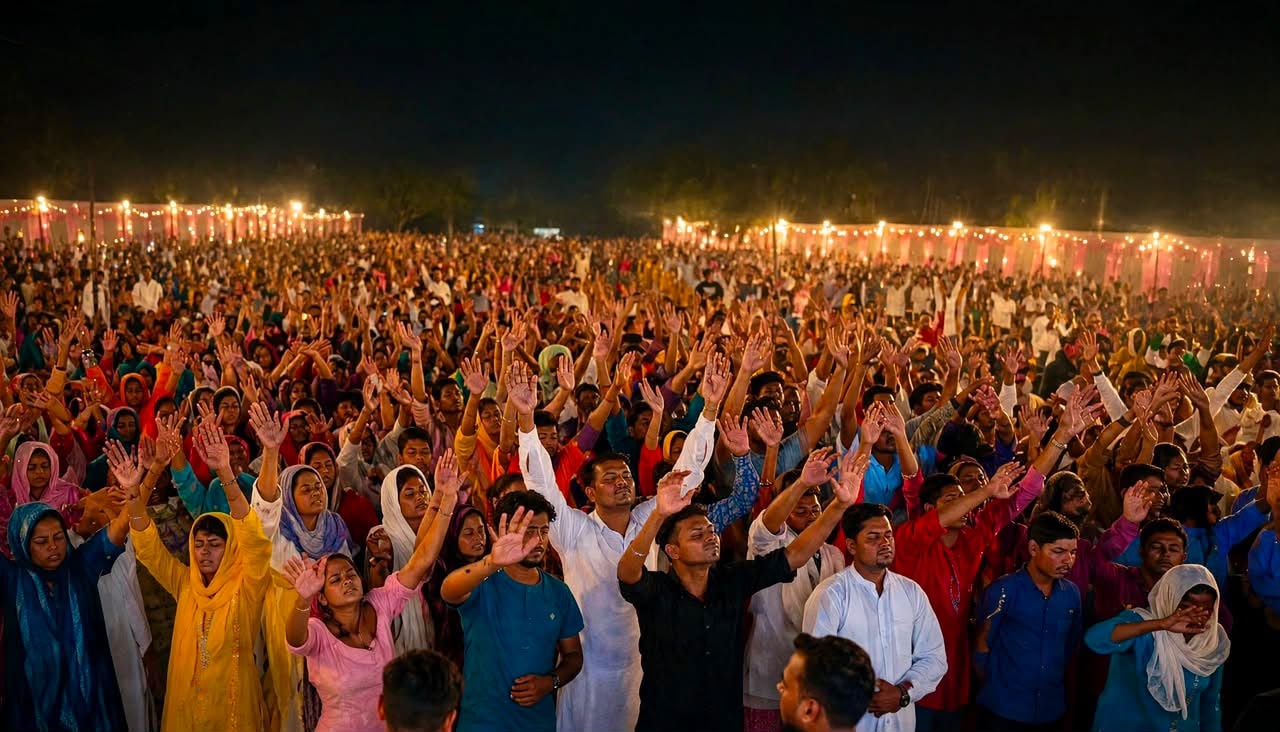 Large outdoor crusade gathering at night